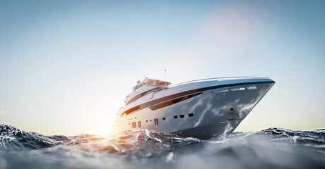 Luxury motor yacht on the ocean - obrazy, fototapety, plakaty