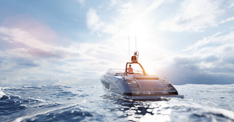 Catamaran motor yacht on the ocean - Powered by Adobe