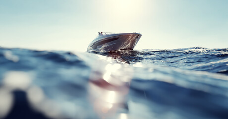 Catamaran motor yacht on the ocean - obrazy, fototapety, plakaty