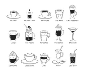 Line art illustration set of coffee cups