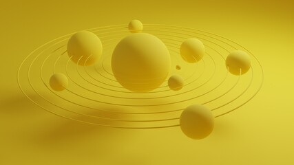 3d planets orbiting solar system on a yellow background
