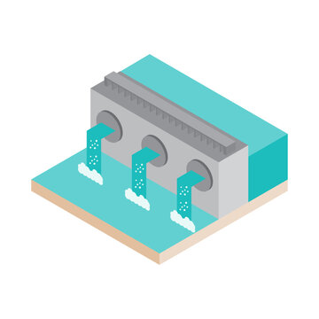 Hydroelectric station. Hydropower dam in isometric 3d style. Vector illustration.