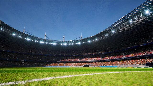 crowd fans wait soccer championship in stadium arena at day. High quality 4k footage