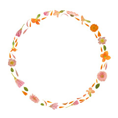 Fototapeta na wymiar Art floral round frame made of beautiful natural flowers. Trendy colorful blooming abstract idea with circle composition. Botany concept with leaves, blossoms, petals and buds
