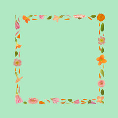 Art floral square frame made of beautiful natural flowers. Trendy colorful blooming abstract idea with circle composition. Botany concept with leaves, blossoms, petals  and buds