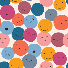 Colorful emotions seamless pattern. Cute circle smile faces. Vector smile icon seamless pattern. Funny vector illustration. Design for fabric, wallpaper or wrap paper.