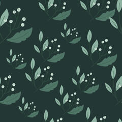 Natural seamless pattern with wild berries and foliage ornament. Dark background. Green tones.