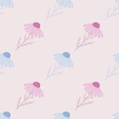 Pale pastel tones seamless pattern with hand drawn blue and pink chamomile flowers print.