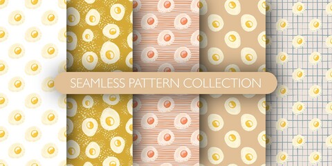 Set of breakfast seamless pattern with omelette ornament. Meal with eggs culinary collection