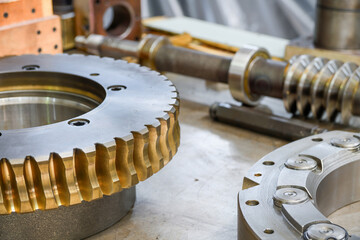 Worm shaft and worm wheel in a locksmith's workshop on the assembly of the gearbox.