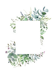 Hand drawn watercolor frame of green leaves, branches, herbs. Foliage, Oval frame, square frame. For invitation, greeting cards, posters, business cards