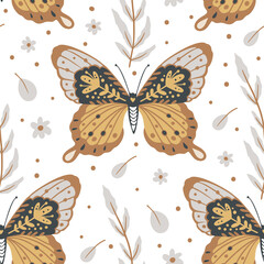 Boho butterfly seamless pattern on a white background. Summer moth wallpaper illustration. Retro vintage fashion hand drawn nature ornament.