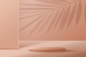 Cosmetic light pink background minimal and premium podium display for product presentation branding and packaging presentation. studio stage with shadow of leaf background. 3D illustration design
