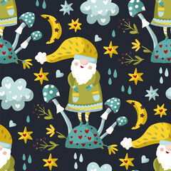 Cute cartoon gnome seamless pattern with mushroom, Scandinavian Nordic holiday background wallpaper. Funny print character, happy Christmas illustration.