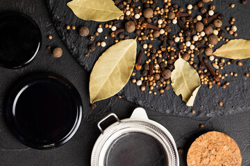 Spices ingredients for pickling vegetables. Concept culinary recipe preservation