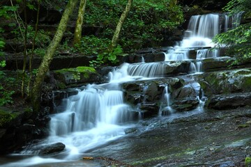 stream with waterfalls in the forests of the Casentino natural park in Tuscany, Italy. long expoure shot.