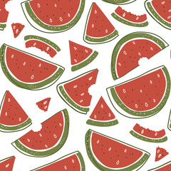 Cartoon watermelon summer fruit seamless pattern background. Cute sweet food fresh nature kids wallpaper design. Vector print graphic illustration.