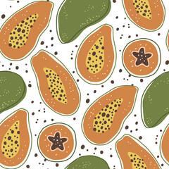 Cartoon papaya summer fruit seamless pattern background. Cute sweet food fresh nature kids wallpaper design. Vector print graphic illustration.