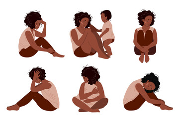 Sad mother sitting on the floor with her crying child. Postpartum depression concept. Colorful vector illustration in flat cartoon style. - obrazy, fototapety, plakaty