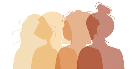 Women Silhouette of different cultures and nationalities standing together. The concept of the female empowerment movement and gender equality.