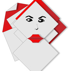 Folded red corners of paper sheets serve as lips in a drawing of a woman's face in a humorous illustration.