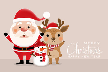 Merry Christmas and happy new year 2022 greeting card with cute Santa Claus, deer and snowman. Holiday cartoon character in winter season. -Vector.