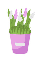 White, pink flowers in bucket semi flat color vector object. Gift for wedding. Bouquet with delphinium, tuberose, veronica isolated modern cartoon style illustration for graphic design and animation