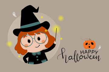 Happy halloween greeting card with cute witch, black cat and orange pumpkin. Holidays cartoon character vector