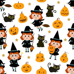 Obraz premium Cute witch, pumpkin and black cat seamless pattern. Halloween cartoon character background.