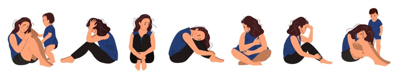 Set of depressed young unhappy sitting girls. Concept of mental disorder. Colorful vector illustration in flat cartoon style.