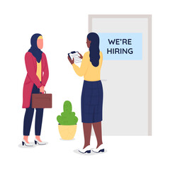 Muslim girl seek employment semi flat color vector character. Hiring manager figure. Full body people on white. Recruitment isolated modern cartoon style illustration for graphic design and animation