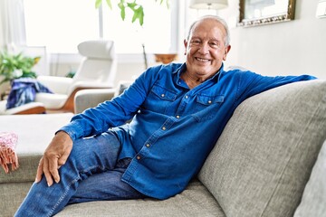 Senior man with grey hair sitting on the sofa at the living room of his house. Mature man smiling happy at home.