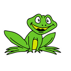 Hand drawn outline green vector illustration of a beautiful happy frog isolated on a white background