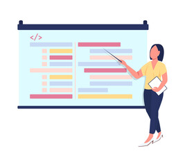 Presentation on programming semi flat color vector character. Businesswoman figure. Full body person on white. IT seminar isolated modern cartoon style illustration for graphic design and animation