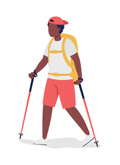 Boy with backpack hiking semi flat color vector character. Trekker figure. Full body person on white. Outdoor activity isolated modern cartoon style illustration for graphic design and animation