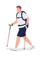 Man on nordic walk semi flat color vector character. Trekker, hiker figure. Full body person on white. Outdoor activity isolated modern cartoon style illustration for graphic design and animation