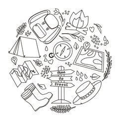 Set of travel icons and elements on a white background, hiking and camping. Vector illustration. Summer elements for design, packaging, print, sticker, coloring book