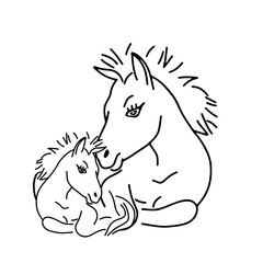 Black outline hand drawing vector illustration of a horse and a baby horse lying on a grass isolated on a white background