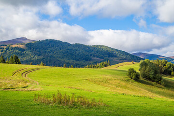 hills covered with grass with a country road on a background of mountains and trees with a blue sky with clouds. Beautiful landscape.