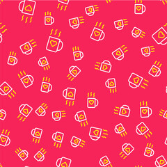 Line Coffee cup and heart icon isolated seamless pattern on red background. Couple coffee for lovers on Valentines Day. Vector