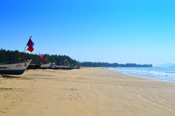Fishing Village Beach Scene with Boats