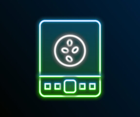 Glowing neon line Electronic coffee scales icon isolated on black background. Weight measure equipment. Colorful outline concept. Vector