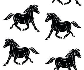 Vector seamless pattern of black hand drawn doodle sketch pony horse isolated on white background