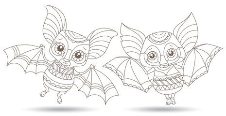 A set of contour illustrations in the style of stained glass with cartoon bats, outline animals isolated on a white background