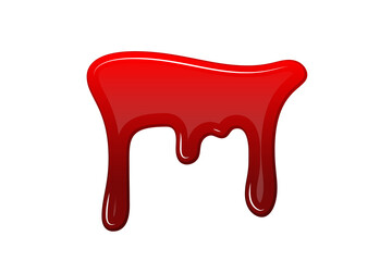 Blood drip 3d. Halloween bloodstain isolated white background. Splatter stain. Horror drop flow. Red scare ink. Blot texture. Colorful splash. Stream bleeding. Flowing liquid Vector illustration