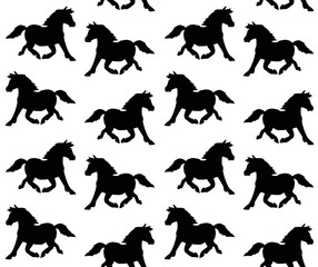 Vector seamless pattern of hand drawn pony horse silhouette isolated on white background