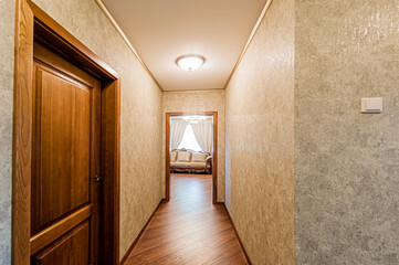 Russia, Moscow- May 29, 2020: interior room apartment modern bright cozy atmosphere. general cleaning, home decoration, room doors, renovation corridor lobby entrance hall