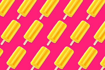Colorful summer pattern. Bright yellow ice pops on a bold pink background. Top view. - Powered by Adobe