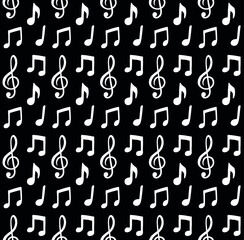 Vector seamless pattern of white hand drawn doodle sketch music notes silhouette isolated on black background