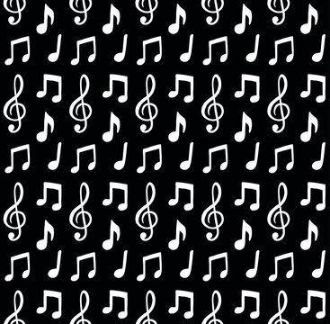 Vector seamless pattern of white hand drawn doodle sketch music notes silhouette isolated on black background